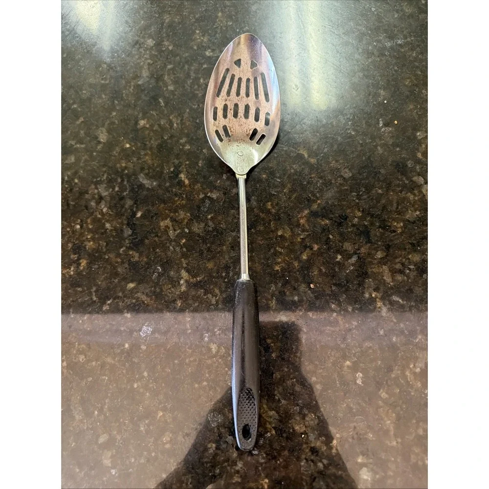 Ekco Chrome Plated Metal Slotted Spoon Black Handle Vintage Utensil Serving